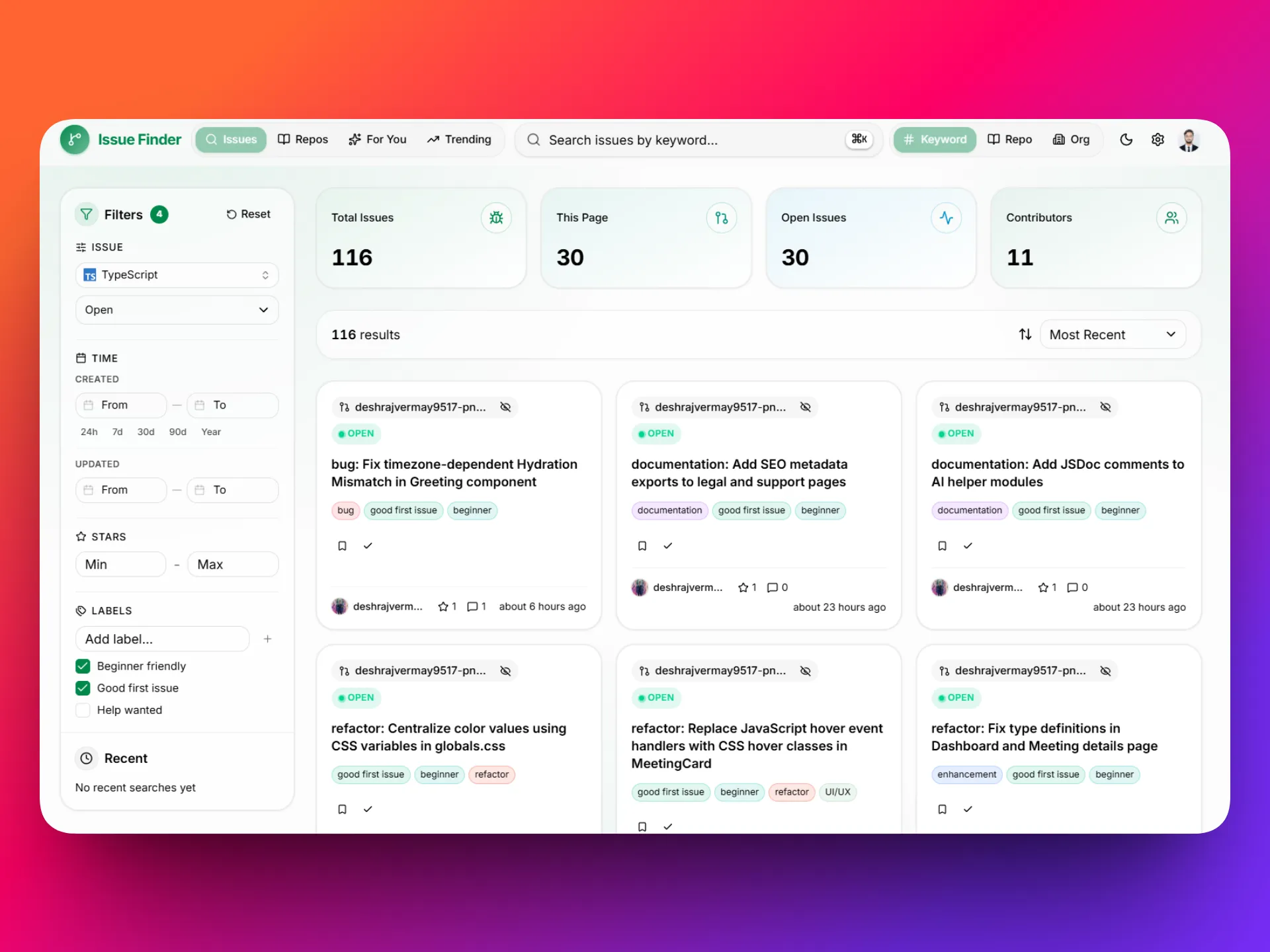 Issue Finder — Open-source GitHub issue search engine for good-first-issues built with Next.js, TypeScript, and GitHub API by Nischal Acharya
