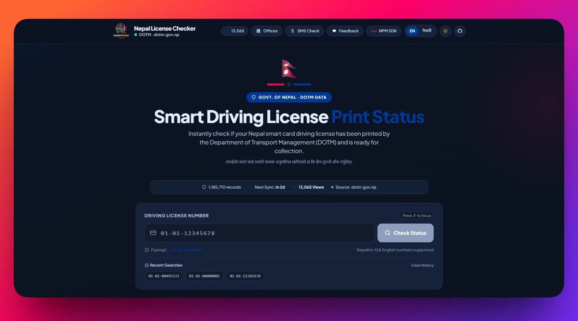 Nepal License Checker — Real-time smart driving license status lookup web app and npm SDK built with Next.js and Turso edge SQLite by Nischal Acharya